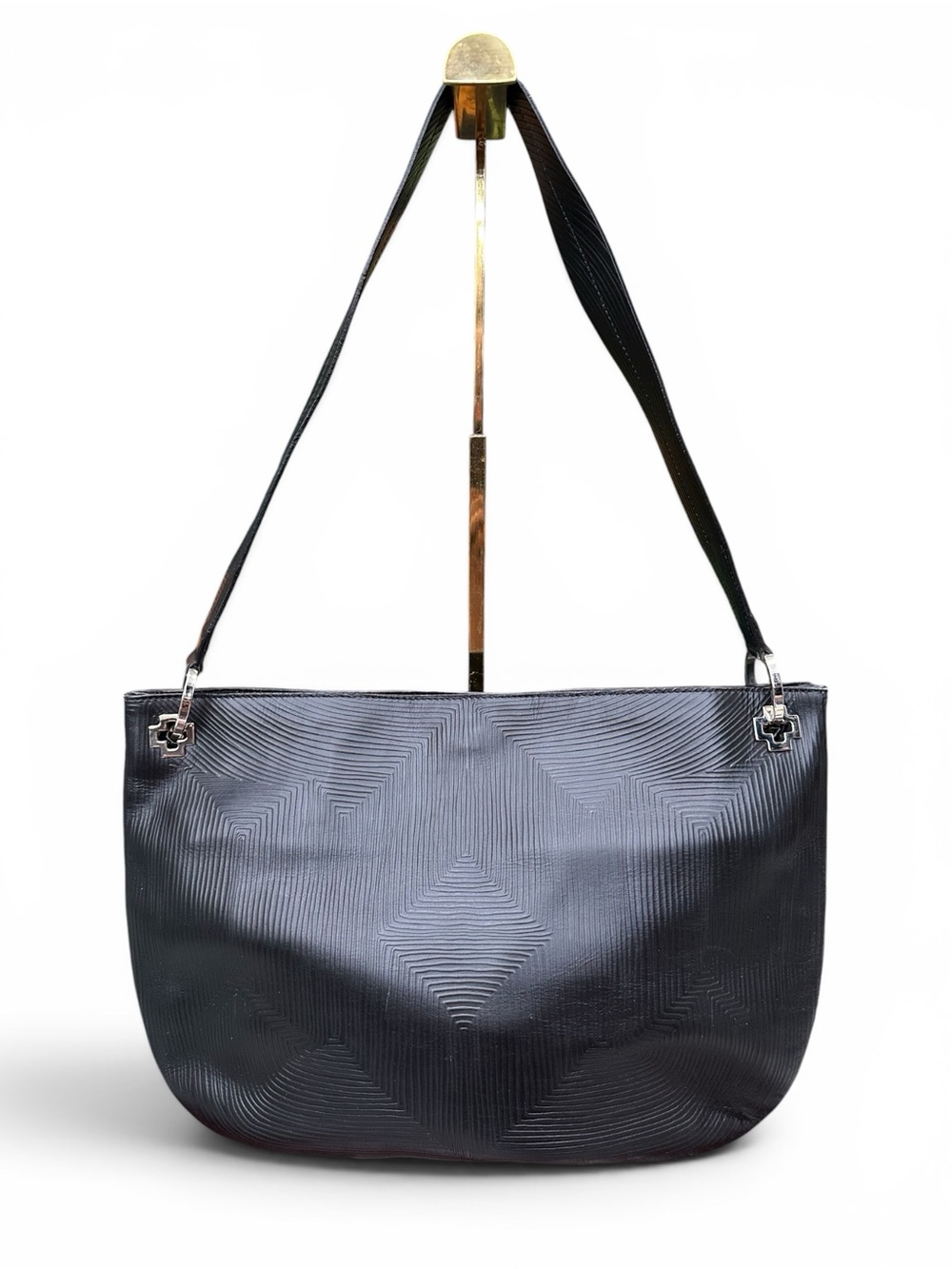 Vintage Bally Gerda Black Embossed Leather Shoulder Tote Bag Made in Italy